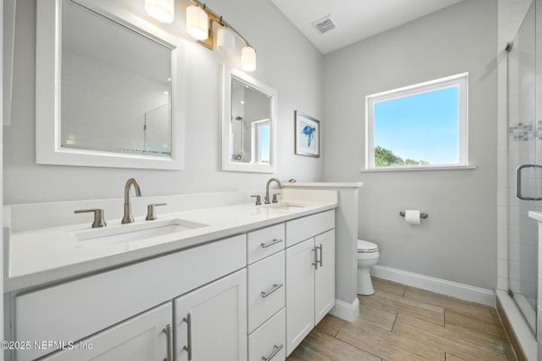Bathroom, Dual Sink Vanities, Glass Shower, Interior, Wood Texture Flooring