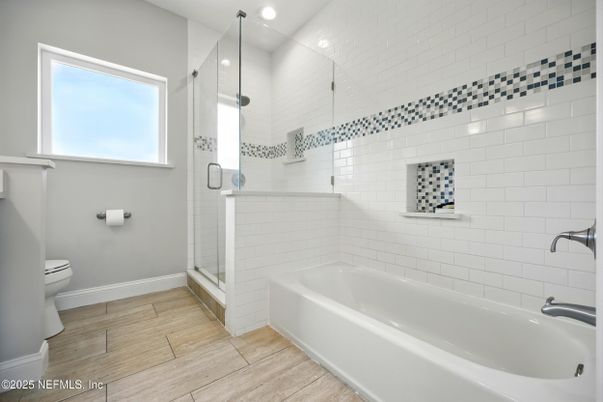 Bathroom, Glass Shower, Interior, Recessed Lighting, Wood Texture Flooring