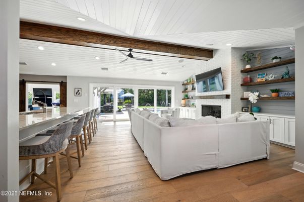 Fireplace, Interior, Living room, Recessed Lighting, Stone Walls, Wooden Beams, Wood Texture Flooring
