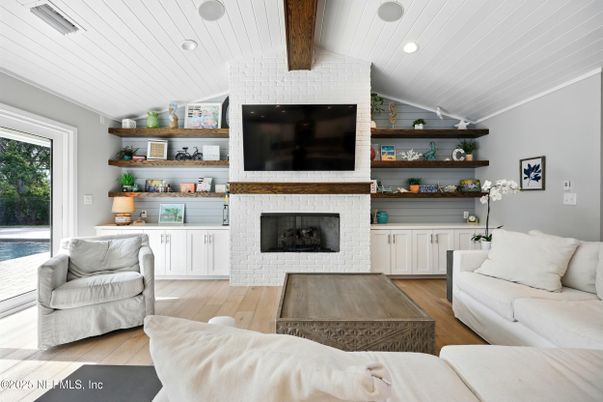 Fireplace, Interior, Living room, Recessed Lighting, Stone Walls, Wooden Beams, Wood Texture Flooring