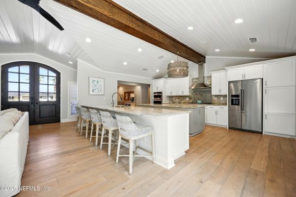 Interior, Kitchen, Recessed Lighting, Stainless Steel Appliances, Wooden Beams, Wood Texture Flooring