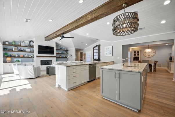 Chandelier, Dining room, Fireplace, Interior, Kitchen, Living room, Pendant Lights, Recessed Lighting, Wood Texture Flooring