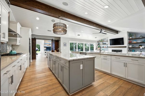 Chandelier, Interior, Kitchen, Pendant Lights, Recessed Lighting, Wooden Beams, Wooden Ceilings, Wood Texture Flooring