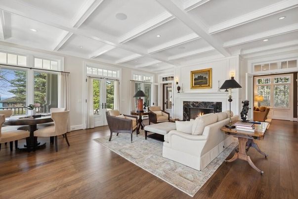 Dining room, Fireplace, Interior, Living room, Recessed Lighting, Wood Texture Flooring