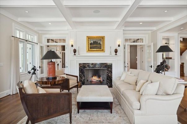 Fireplace, Interior, Living room, Recessed Lighting, Wood Texture Flooring