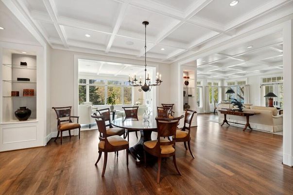 Chandelier, Dining room, Interior, Living room, Pendant Lights, Recessed Lighting, Wood Texture Flooring
