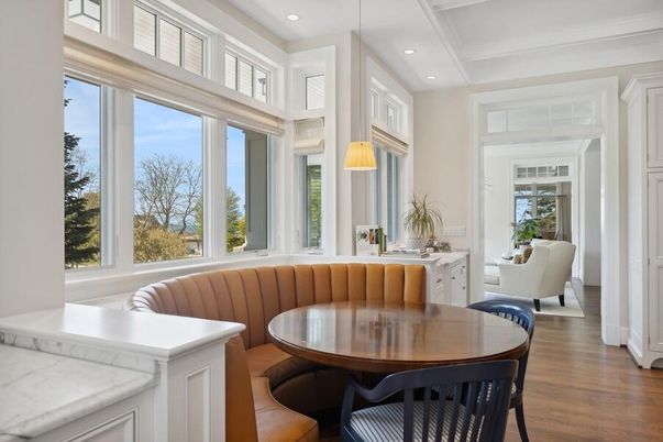Dining room, Interior, Pendant Lights, Recessed Lighting, Wood Texture Flooring