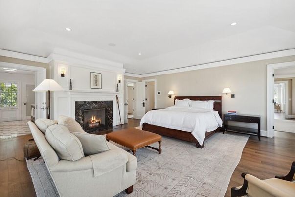 Bedroom, Fireplace, Interior, Recessed Lighting, Wood Texture Flooring