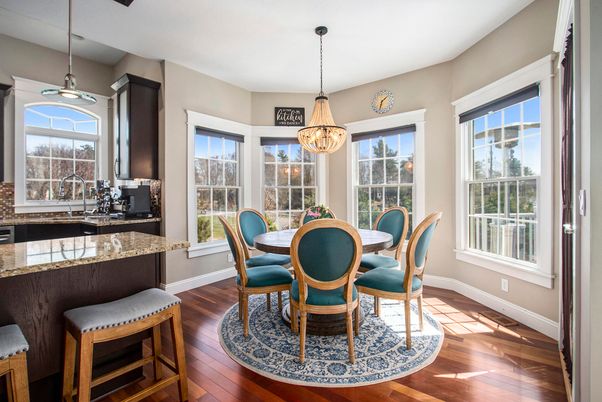 Dining room, Interior, Pendant Lights, Wood Texture Flooring
