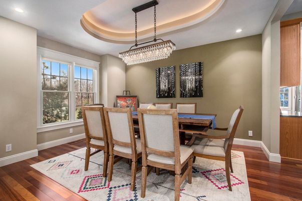 Chandelier, Dining room, Interior, Recessed Lighting, Wood Texture Flooring