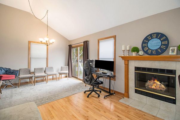 Chandelier, Fireplace, Home Office, Interior, Wood Texture Flooring