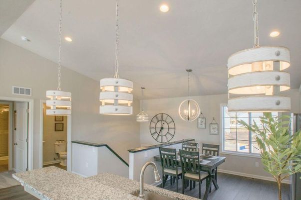 Dining room, Interior, Pendant Lights, Recessed Lighting, Wood Texture Flooring