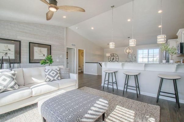 Interior, Kitchen, Living room, Pendant Lights, Recessed Lighting, Stone Walls, Wood Texture Flooring