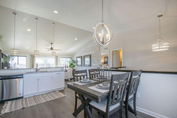 Dining room, Interior, Kitchen, Pendant Lights, Recessed Lighting, Wood Texture Flooring