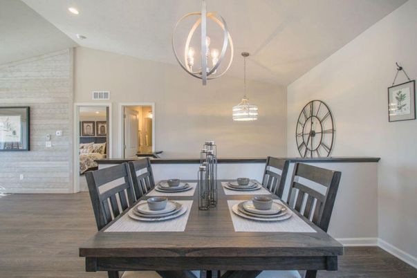 Dining room, Interior, Pendant Lights, Recessed Lighting, Stone Walls, Wood Texture Flooring