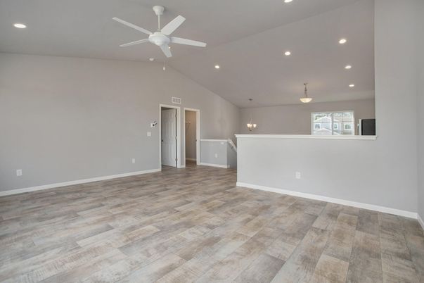 Empty room, Interior, Pendant Lights, Recessed Lighting, Wood Texture Flooring