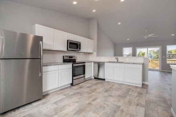 Interior, Kitchen, Recessed Lighting, Stainless Steel Appliances, Wood Texture Flooring