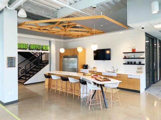 Interior, Kitchen, Pendant Lights, Recessed Lighting, Stainless Steel Appliances, Stone Walls