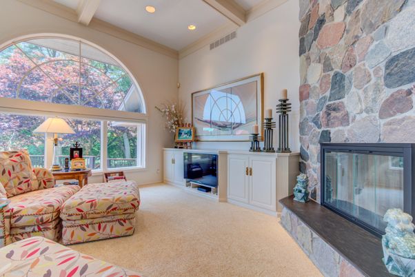 Fireplace, Interior, Recessed Lighting, Stone Walls