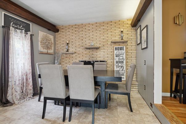Dining room, Interior, Stone Walls, Wood Texture Flooring