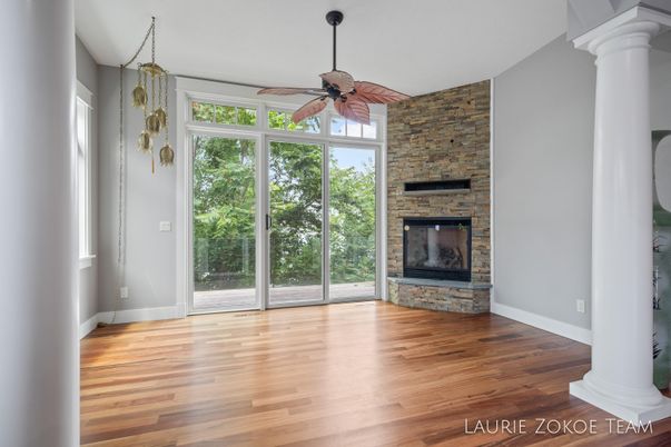Empty room, Fireplace, Interior, Stone Walls, Wood Texture Flooring