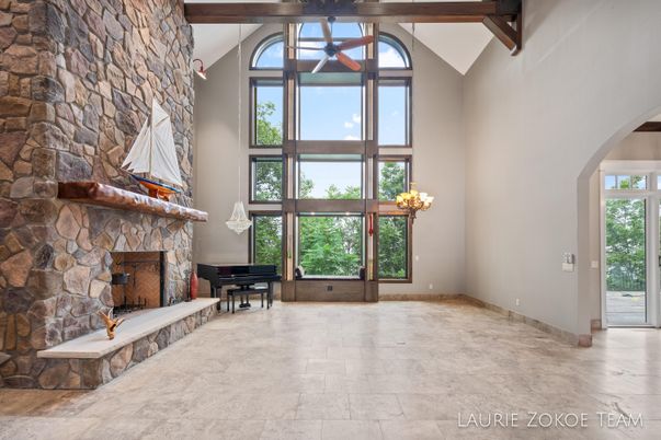 Chandelier, Fireplace, Interior, Piano, Stone Walls, Wooden Beams
