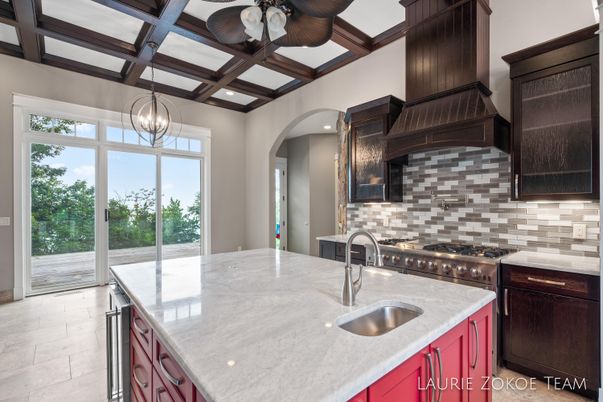 Chandelier, Interior, Kitchen, Pendant Lights, Recessed Lighting, Stainless Steel Appliances, Wooden Beams
