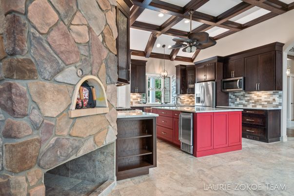 Interior, Kitchen, Recessed Lighting, Stainless Steel Appliances, Stone Walls, Wooden Beams