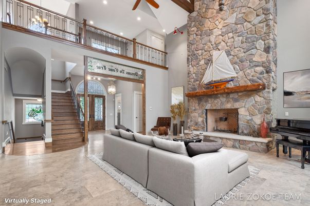 Fireplace, Interior, Living room, Piano, Recessed Lighting, Stone Walls