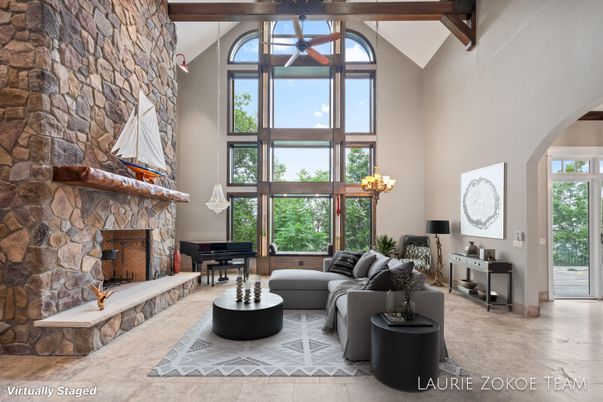 Chandelier, Fireplace, Interior, Living room, Piano, Stone Walls, Wooden Beams