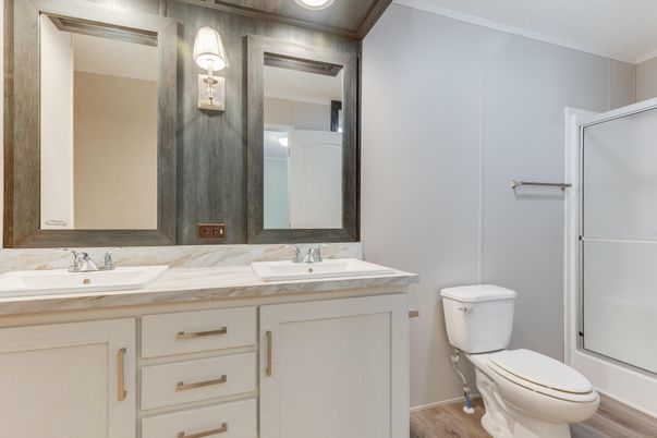 Bathroom, Dual Sink Vanities, Interior, Recessed Lighting, Wood Texture Flooring
