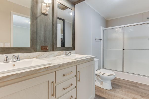 Bathroom, Dual Sink Vanities, Glass Shower, Interior, Wood Texture Flooring
