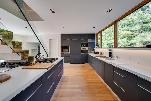 Interior, Kitchen, Recessed Lighting, Stainless Steel Appliances, Wood Texture Flooring