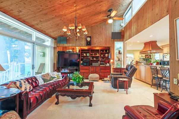 Chandelier, Interior, Kitchen, Living room, Recessed Lighting, Wooden Ceilings, Wooden Walls