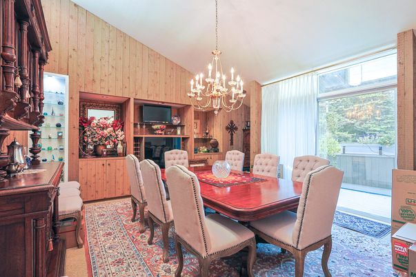 Chandelier, Dining room, Interior, Wooden Walls