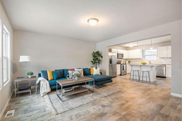 Interior, Kitchen, Living room, Pendant Lights, Stainless Steel Appliances, Wood Texture Flooring