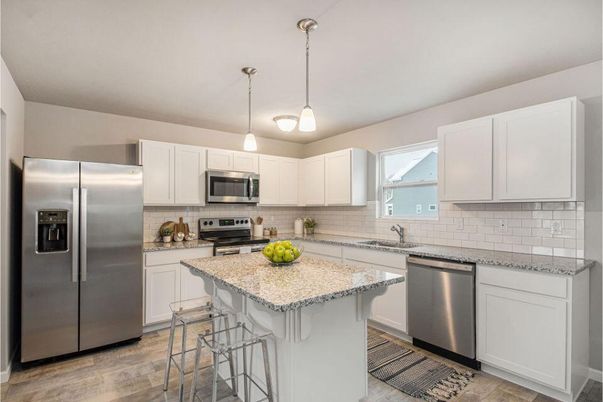 Interior, Kitchen, Pendant Lights, Stainless Steel Appliances, Wood Texture Flooring