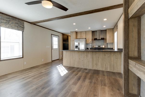 Interior, Kitchen, Recessed Lighting, Stainless Steel Appliances, Wooden Beams, Wood Texture Flooring
