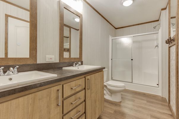 Bathroom, Dual Sink Vanities, Glass Shower, Interior, Wood Texture Flooring