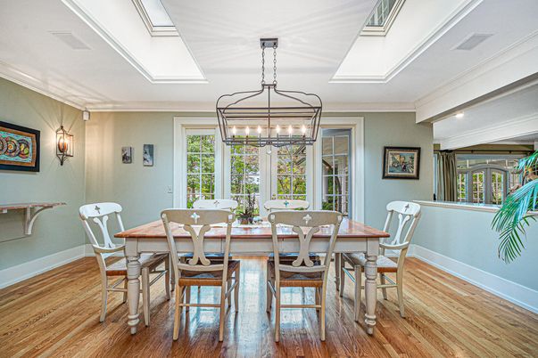 Dining room, Interior, Pendant Lights, Wood Texture Flooring