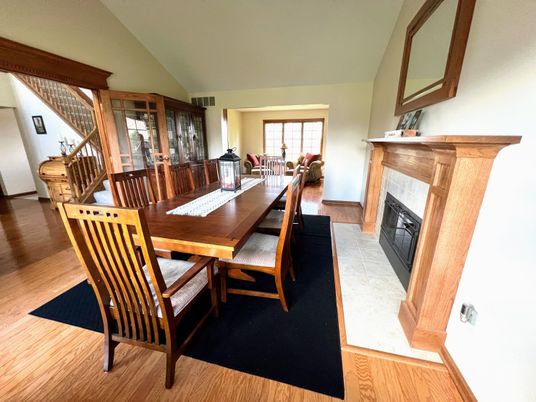 Dining room, Fireplace, Interior, Wood Texture Flooring