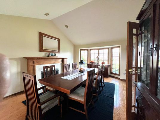 Dining room, Fireplace, Interior, Wood Texture Flooring