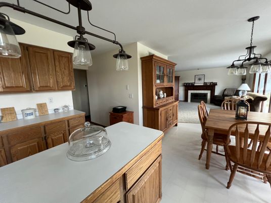 Dining room, Fireplace, Interior, Kitchen, Pendant Lights
