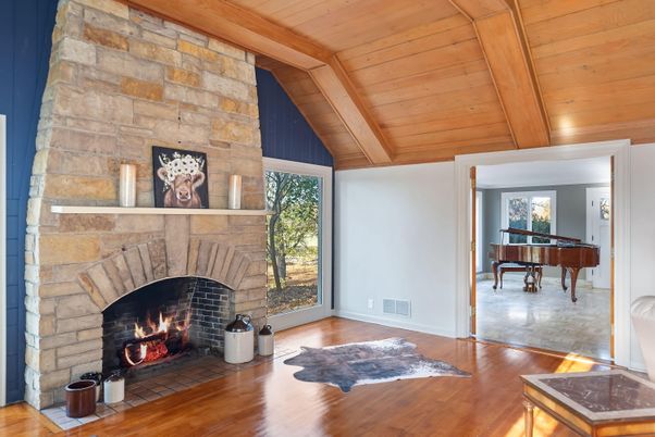 Fireplace, Interior, Piano, Stone Walls, Wooden Beams, Wooden Ceilings, Wood Texture Flooring
