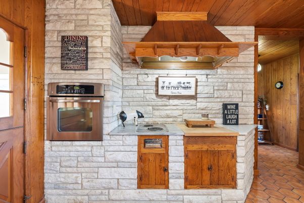 Interior, Kitchen, Stainless Steel Appliances, Stone Walls, Wooden Ceilings, Wooden Walls