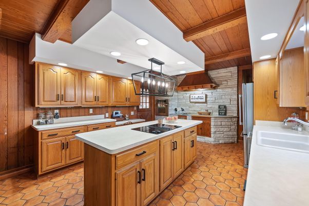 Interior, Kitchen, Pendant Lights, Recessed Lighting, Stone Walls, Wooden Beams, Wooden Ceilings