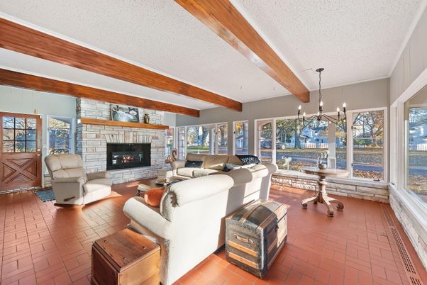 Fireplace, Interior, Living room, Pendant Lights, Wooden Beams