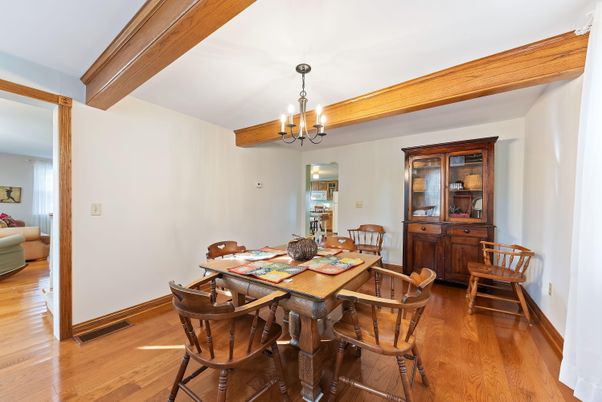 Chandelier, Dining room, Interior, Wooden Beams, Wood Texture Flooring