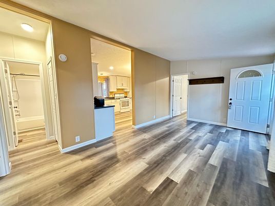 Empty room, Interior, Kitchen, Recessed Lighting, Wood Texture Flooring