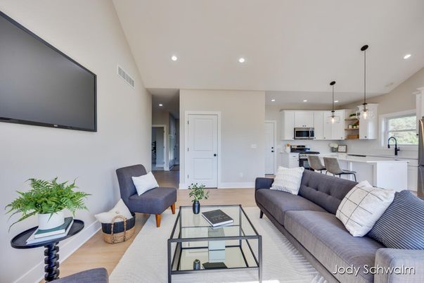 Interior, Kitchen, Living room, Pendant Lights, Recessed Lighting, Stainless Steel Appliances, Wood Texture Flooring